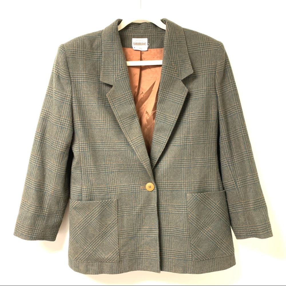 Vintage Country Suburban Green Brown Plaid Single Button Blazer With Pockets